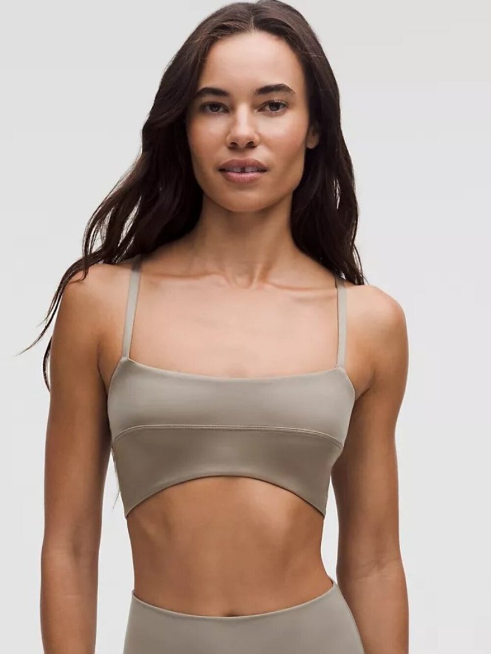 NWT Lululemon Satin Spaghetti-Strap Yoga Bra, C/D Cup - 12 Warm Ash Grey